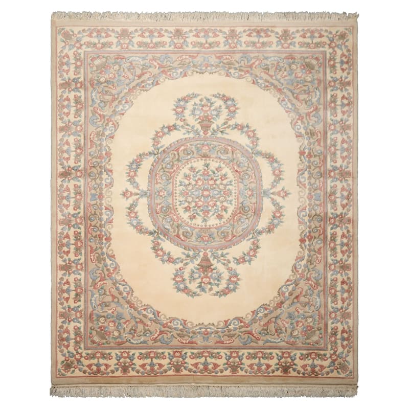 8x10 Hand Knotted Wool Ivory French Aubusson Plush Pile Medallion Rug - 8' x 10' - 8'  x 10'