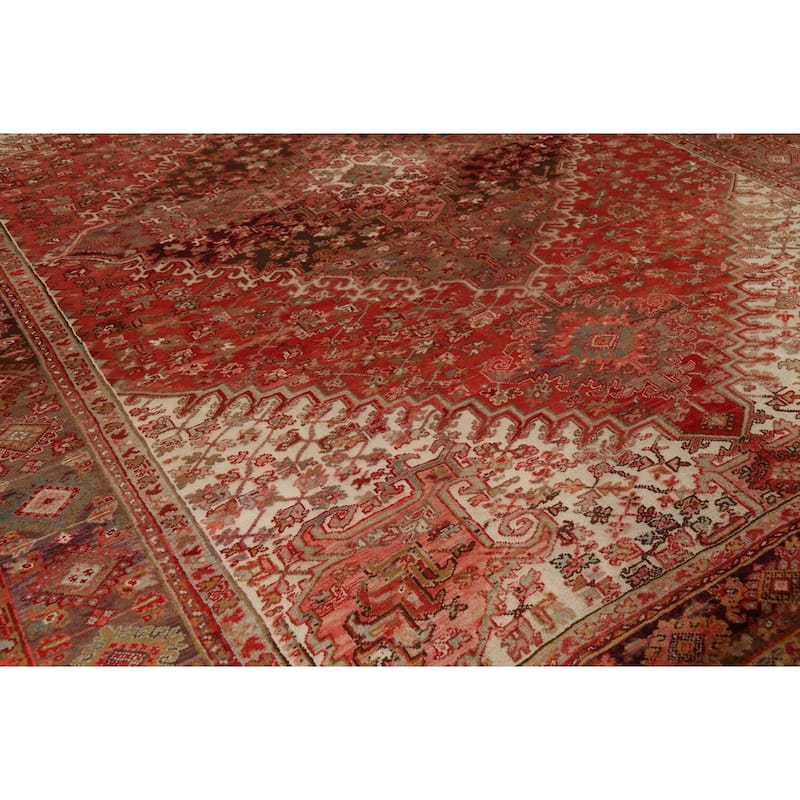 Red Geometric Heriz Persian Vintage Area Rug Handmade Wool Carpet - 9'10"x 12'8"
