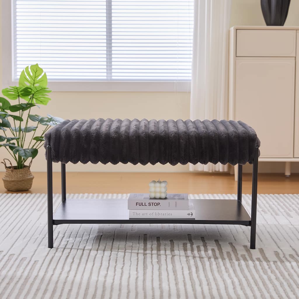 30.7"Wide Upholstered Ottoman Coffee Table Foot Rest With Metal Legs,Footstool With Wooden Open Storage Shelf,Faux Fur