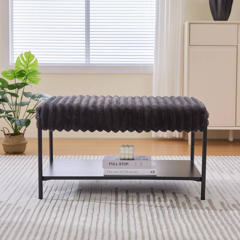 Modern Faux Fur Upholstered Bench with Open Storage Shelves, Metal Frame Shoe Bench Ottoman for Entryway, Bedroom - Charcoal