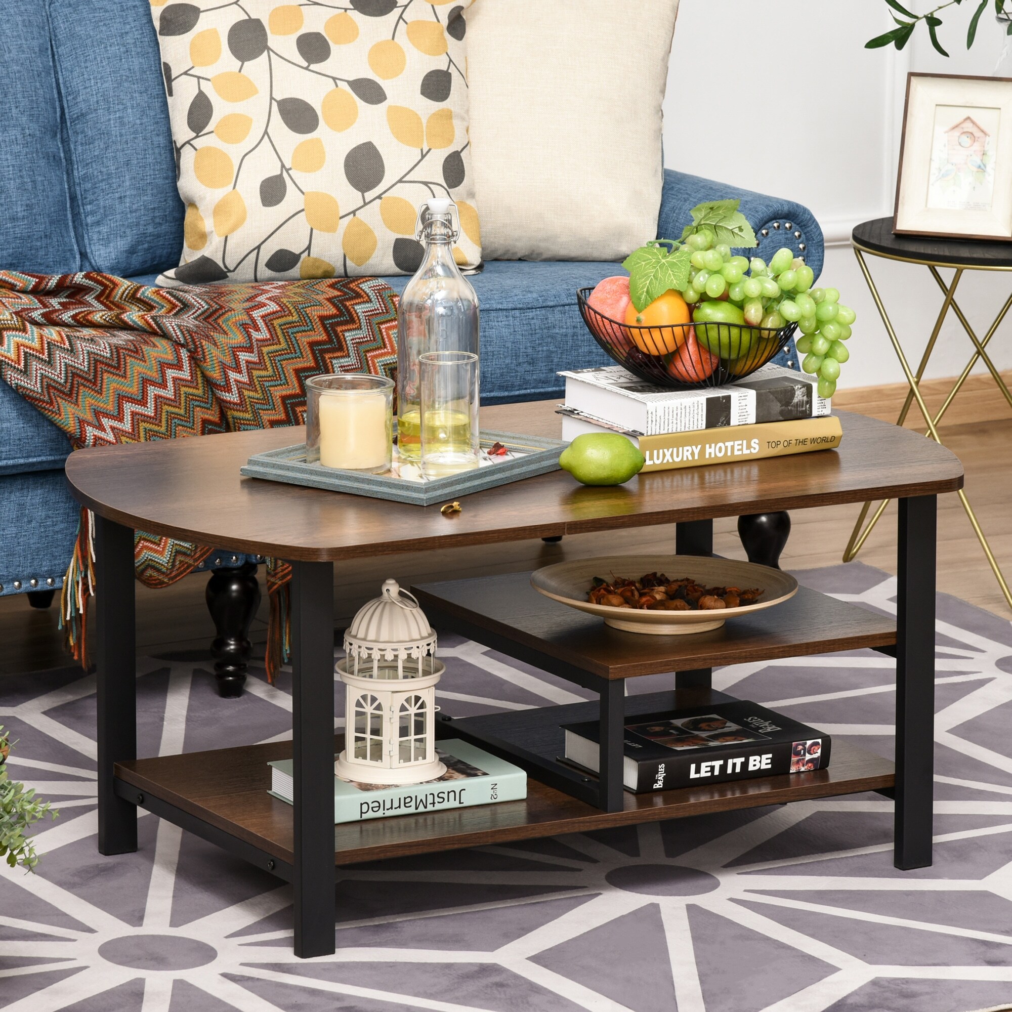 Homcom Vintage Industrial Coffee Table With Under Top Storage Shelves And Rounded Corners Dark Wood Color Overstock 32758477