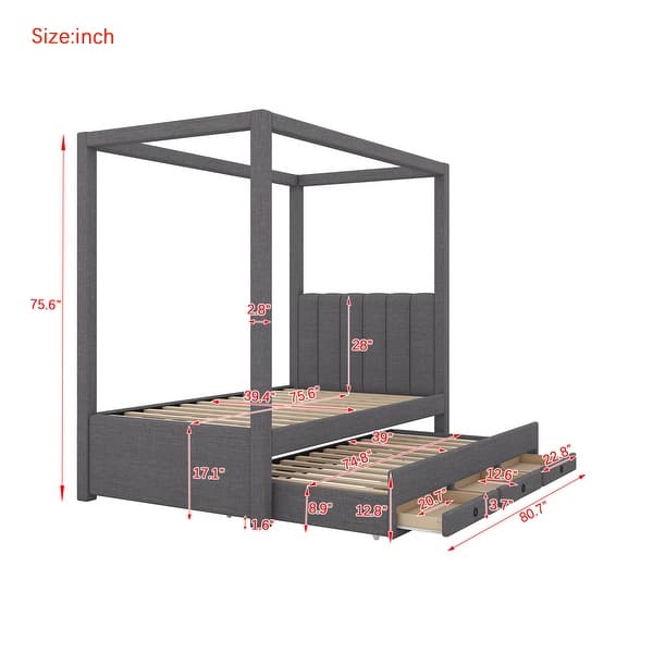 dimension image slide 0 of 2, Traditional Modern Twin Size Upholstery Platform Bed with Storage Drawers,Extra Trundle Under-Bed,Bunk Bed with Canopy Roof