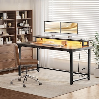 55 Inch Computer Desk with Socket and LED Light,Home Office Desk with 1.5 inch Thickened desktop,Writing Study Gaming Table