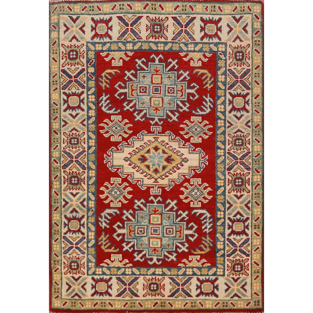 Red Kazak Foyer Rug Handmade Traditional / Geometric Wool Carpet - 2'8"x 3'11"