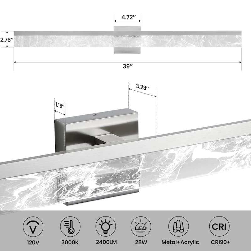 LED Bathroom Vanity Light 24/32/39 inch Dimmable Metal Wall Sconce - Black/Warm White Light