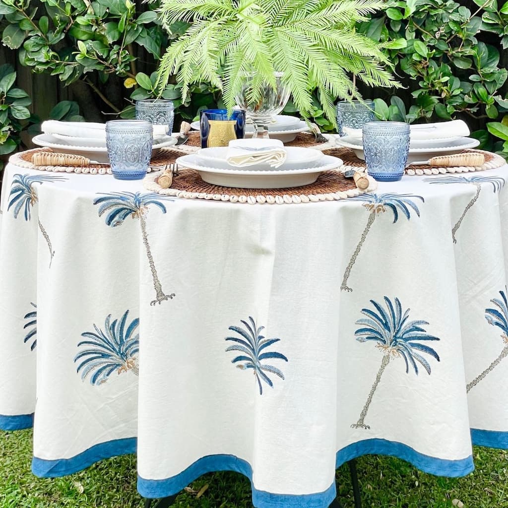 Round Tablecloth- Palm Tree Blue