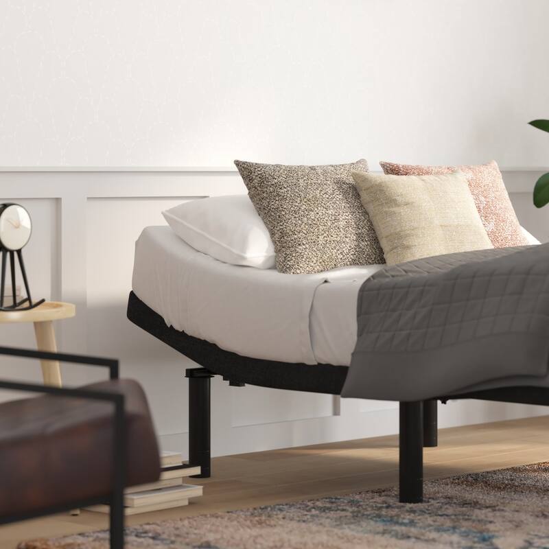 Upholstered Adjustable Bed Base with Wireless Remote in Black