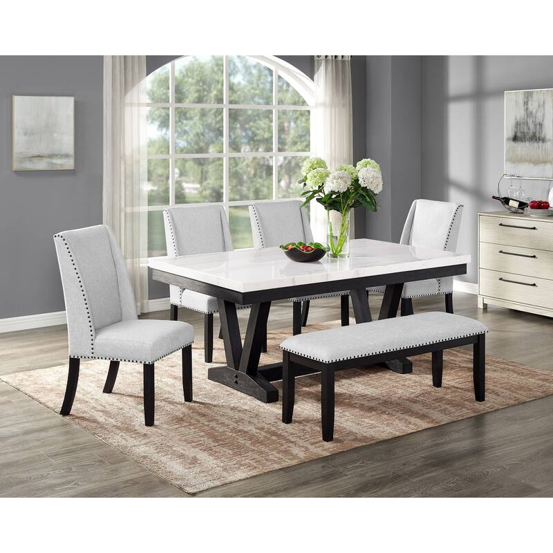 1pc Transitional Modern Formal Dining Table White Genuine Marble Rectangular Table Top Trestle Base Black Finish Legs Wo
