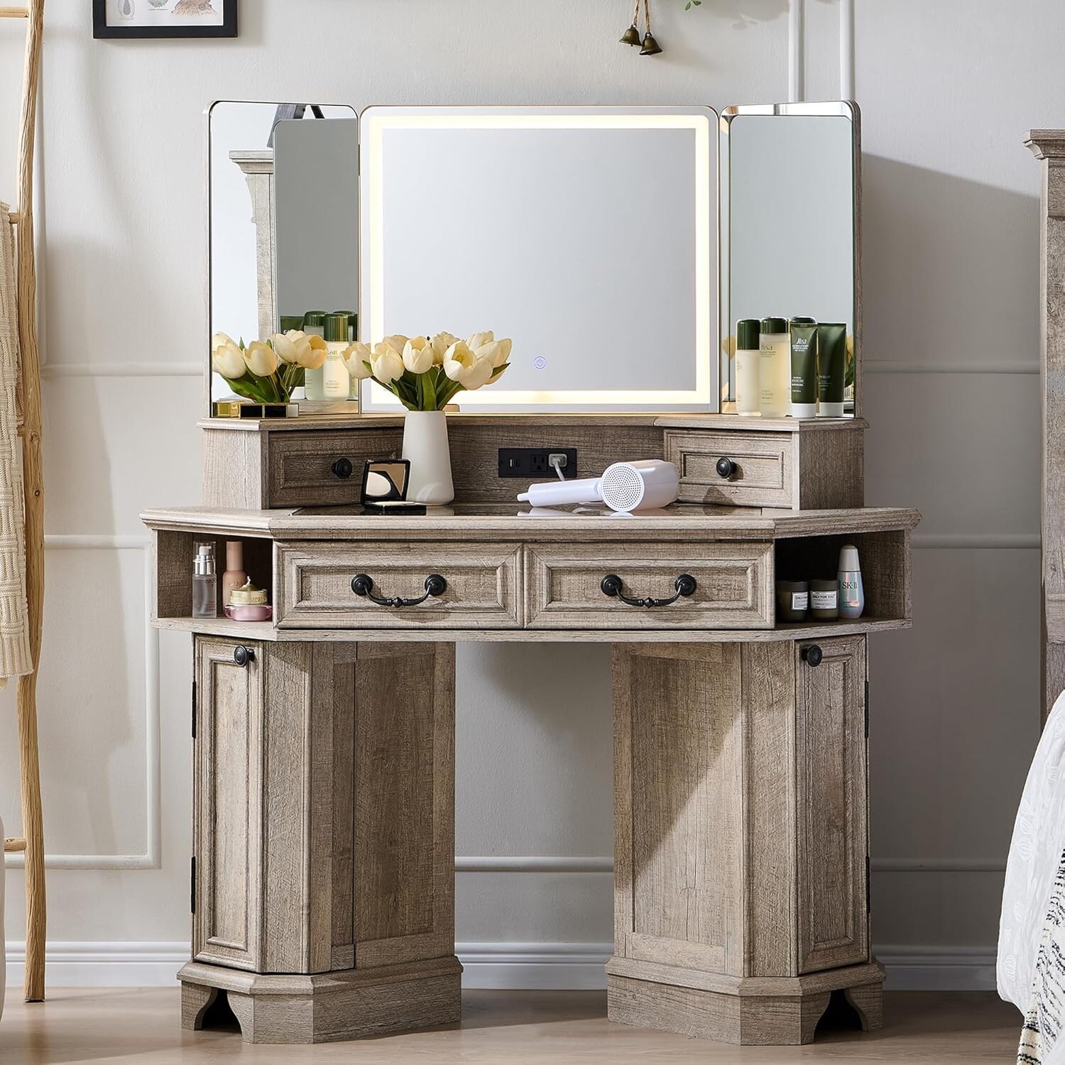 48 Inch Makeup Vanity Desk with 3-Way Mirror, Lights, Glass Top, Charging Station, and Storage