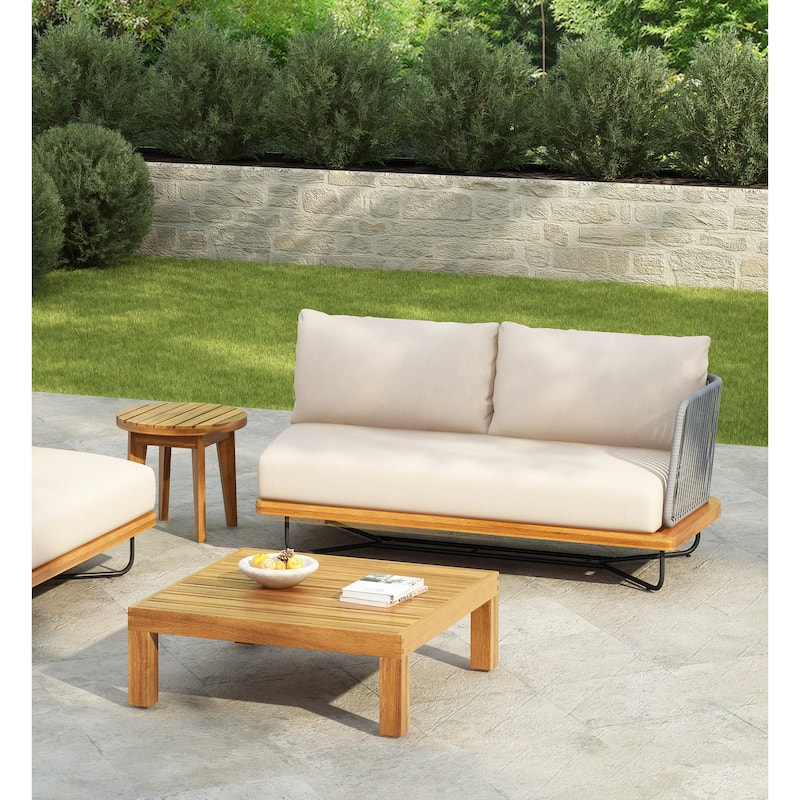 Christopher Knight Home - Evelyn Parker Elegant Lucca Outdoor Acacia Wood Sofa Set - Right-Arm Sofa - Teak Finish+Beige Cushion+light grey rope