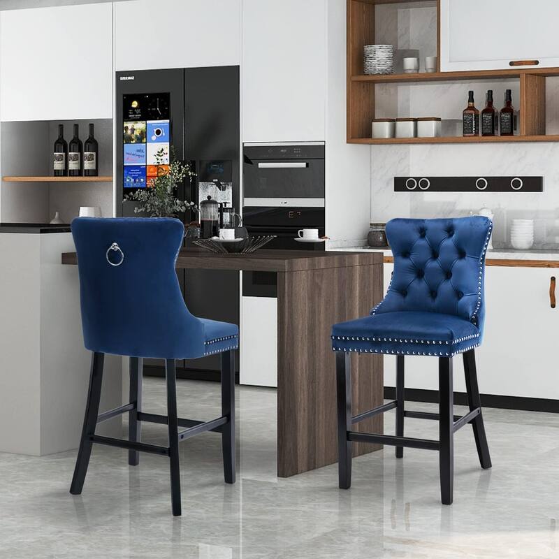 Contemporary Tufted Velvet Upholstered Counter Bar Stools Set of 2 - Set of 4 - Dark Blue