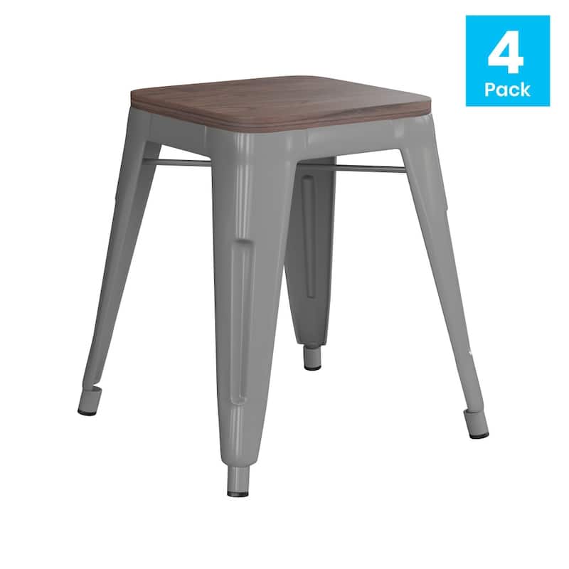 Set of 4 18" Table Height Indoor Stackable Metal Stool with Wood Seat