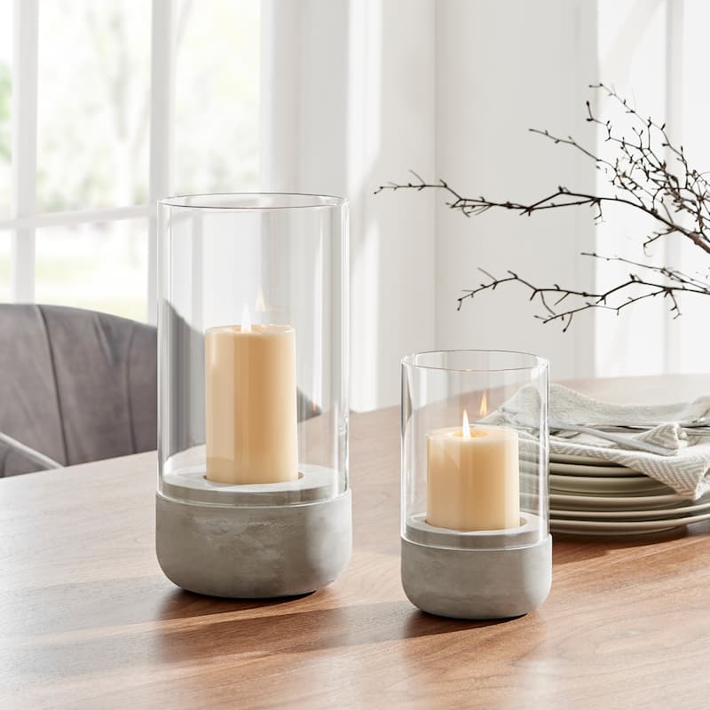 Danya B. Modern Cool Gray Cement Base and Glass Pillar Candle Holder
