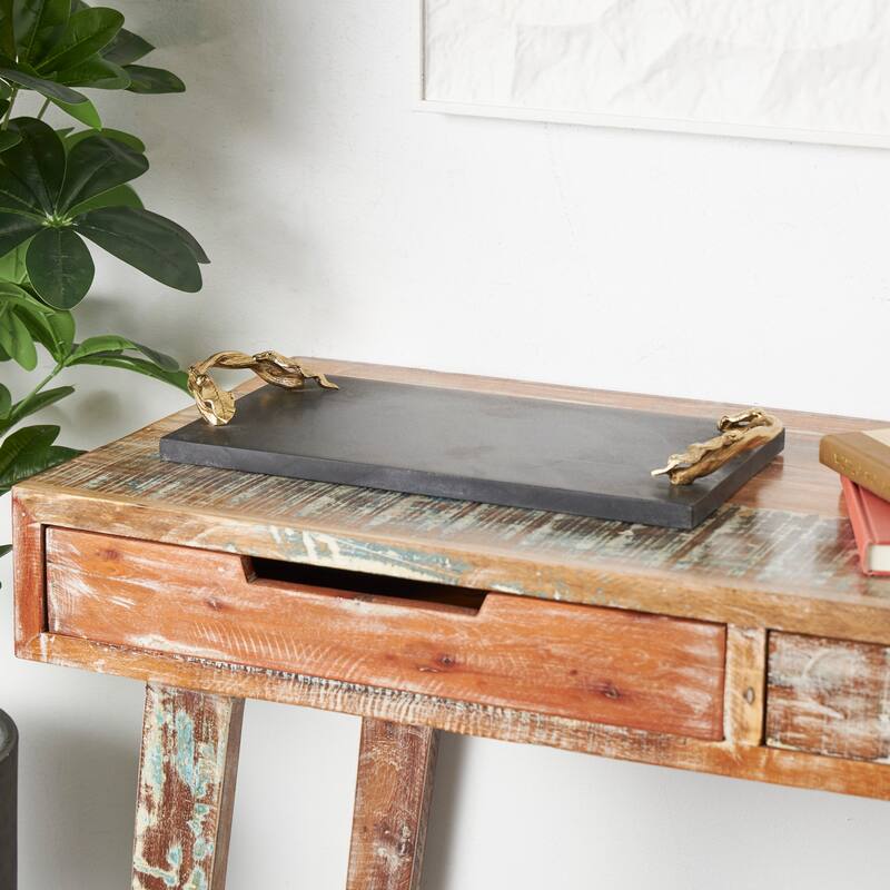 Black Marble Oval or Rectangle Tray with Gold Leaf Handles
