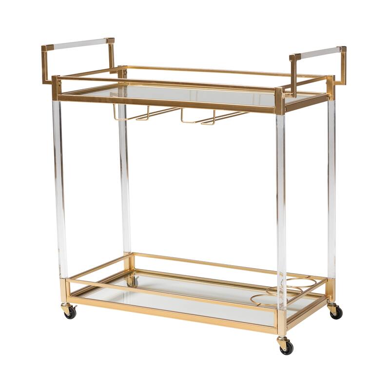 Savannah Contemporary Glam and Luxe Gold Metal and Glass Wine Cart - Gold, Clear