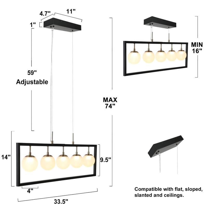 Modern 5-Light Rectangle LED Chandelier Glass Kitchen Island Light for Dining Room - 33.5" L x 4" W x 14" H