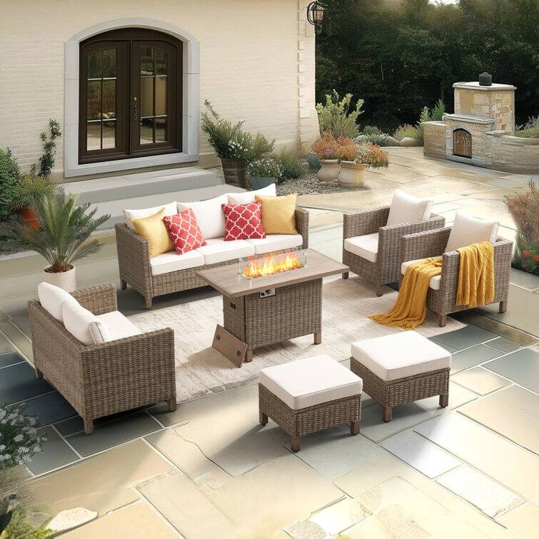 9 - Person Outdoor Wicker Patio Conversation Furniture Set With Fire Pit Table - Beige