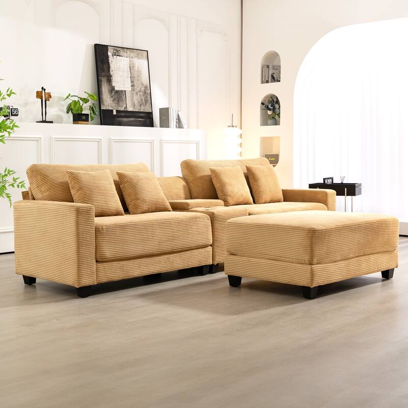 Oversized Corduroy Upholstered Sofa with a Removable Ottoman & 4 Pillows