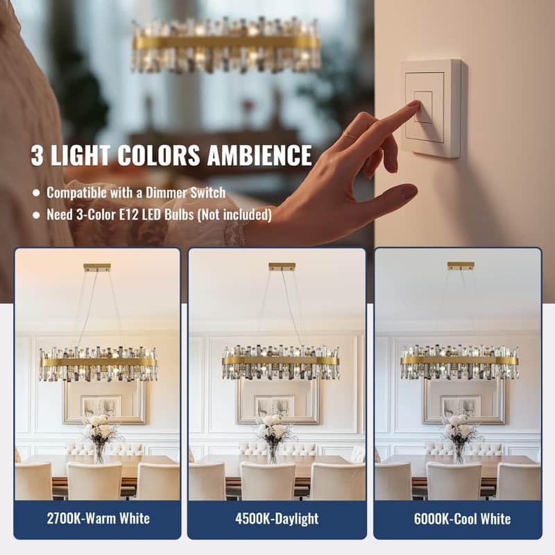 35.4'' Modern Crystal Chandelier 16-Light Rectangle Gold Brass Chandelier Luxury 2-Tier Crystal Pendant Light for Kitchen Island