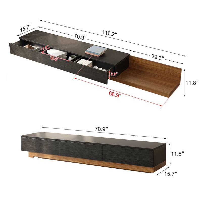 3-Drawer Retracted Extendable TV Stand Media Console In Stretch - 70.9" - 110.2"