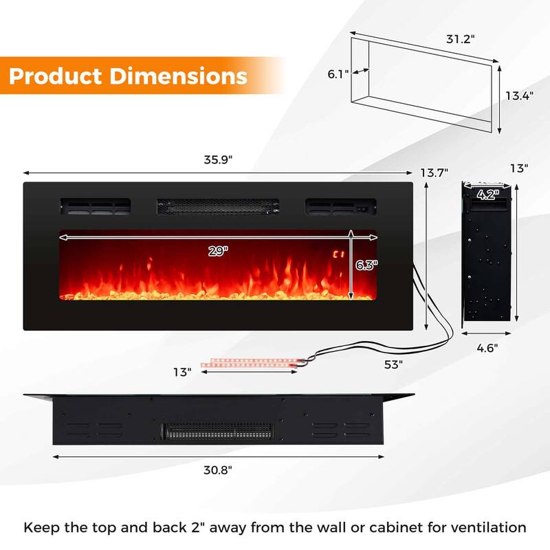 Costway 36" 5,000 BTU Electric Fireplace with LED Light Strips Remote - See Details