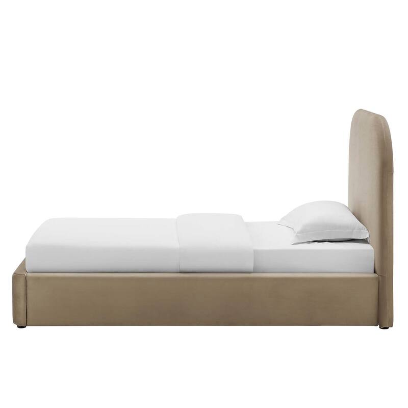 Hillsway Modern Curved Headboard Taupe Velvet Upholstered Twin Size Platform Bed