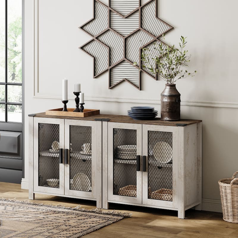 Sideboard Buffet Cabinets with Mesh Door and Adjustable Shelf - Brown and Oak - 2 Pack