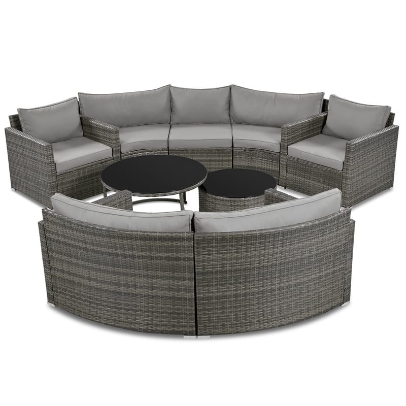 9-Piece Outdoor Half-Moon Patio Sofa Set, Wicker Sectional Sofa with Nesting Coffee Table, Rattan Conversation Set