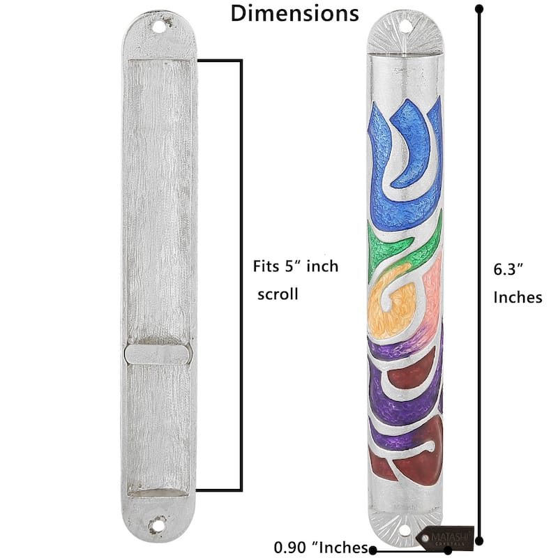 Matashi Hand Painted Multi Color Enamel 6'' Mezuzah Embellished w/ Hebrew Shin Home Door Wall Decor Housewarming Present Gift