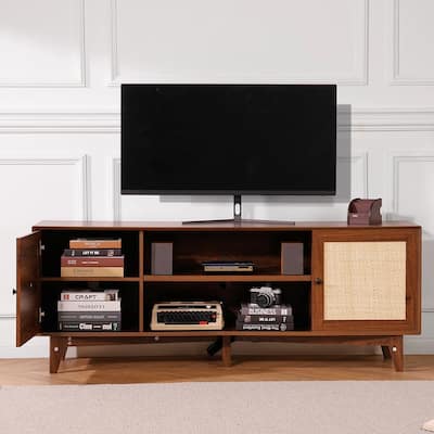Rattan TV Stand for 75" TV with Rattan Door Walnut - 65 inches