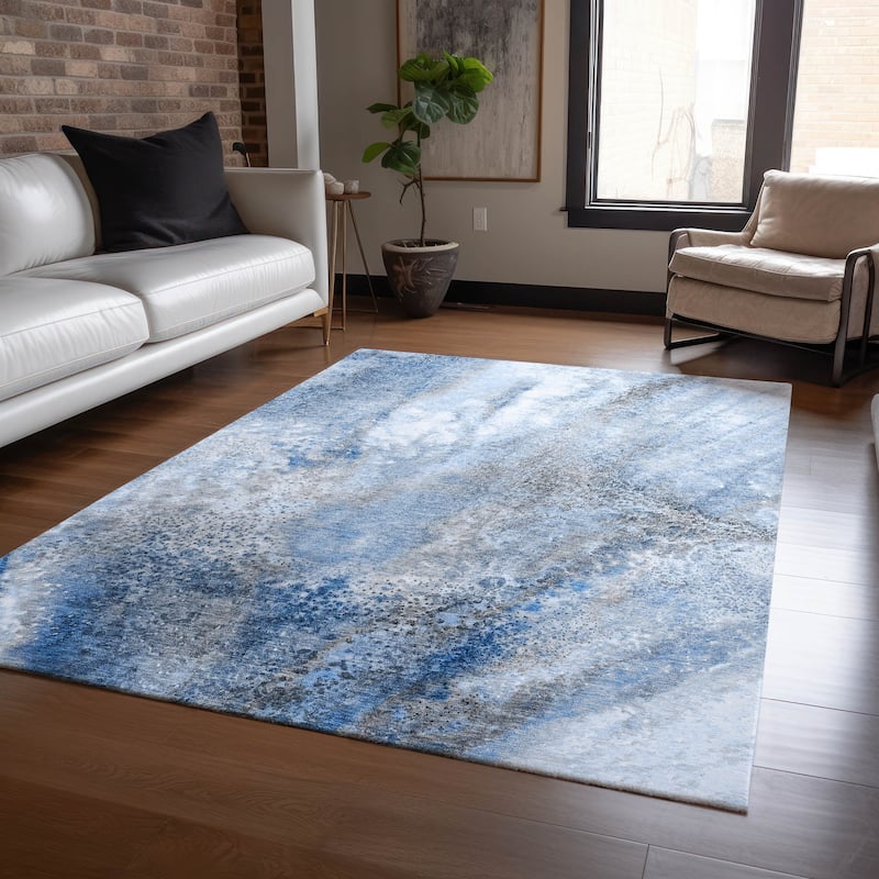Machine Washable Indoor/ Outdoor Abstract Watercolor Chantille Rug - Navy - 3' x 5'