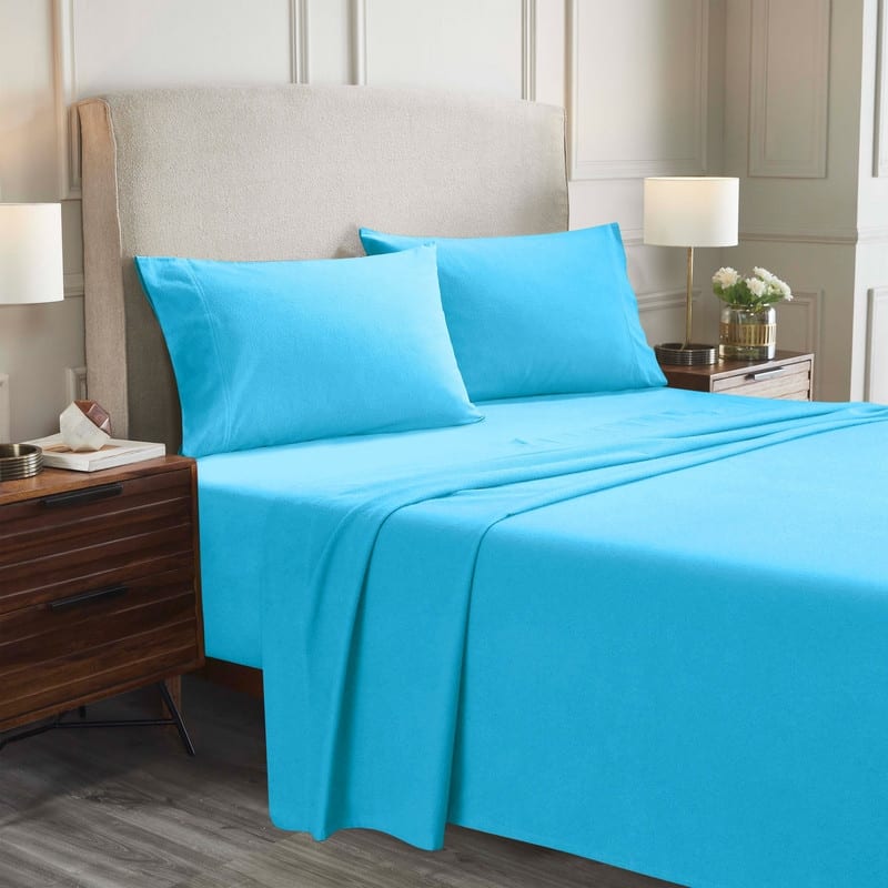 Superior Solid Flannel Cotton Fuzzy Deep Pocket Sheet Set - Blue - Queen