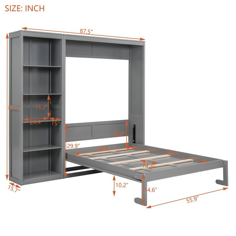 Full Size Murphy Bed Wall Bed with Storage Shelves, Space-Saving Foldable Platform Bed Frame with Slatted Base for Small Rooms