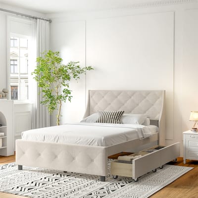 Queen Size Bed Frame with Storage Headboard
