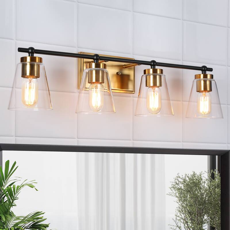 Modern 4-Light Black Gold Bathroom Vanity Light Cone Clear Glass Wall Sconce