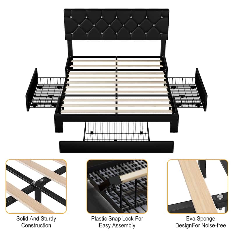 VECELO Bed Frame with Storage Drawers Leather Upholstered with Diamond Tufted Headboard Solid Wood Slat Support