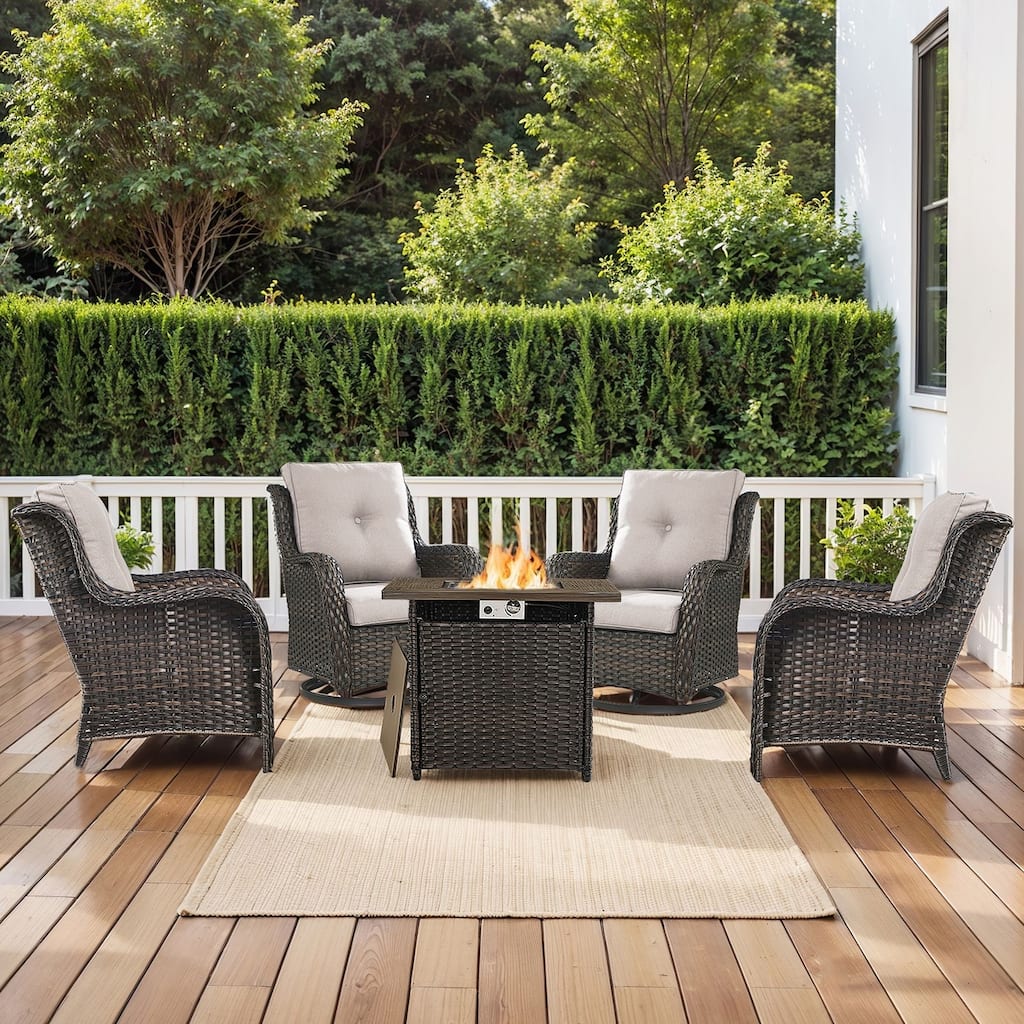 Fire Pit Table with 2 Swivel Chairs 2 Patio Chairs Brown-Beige - Brown