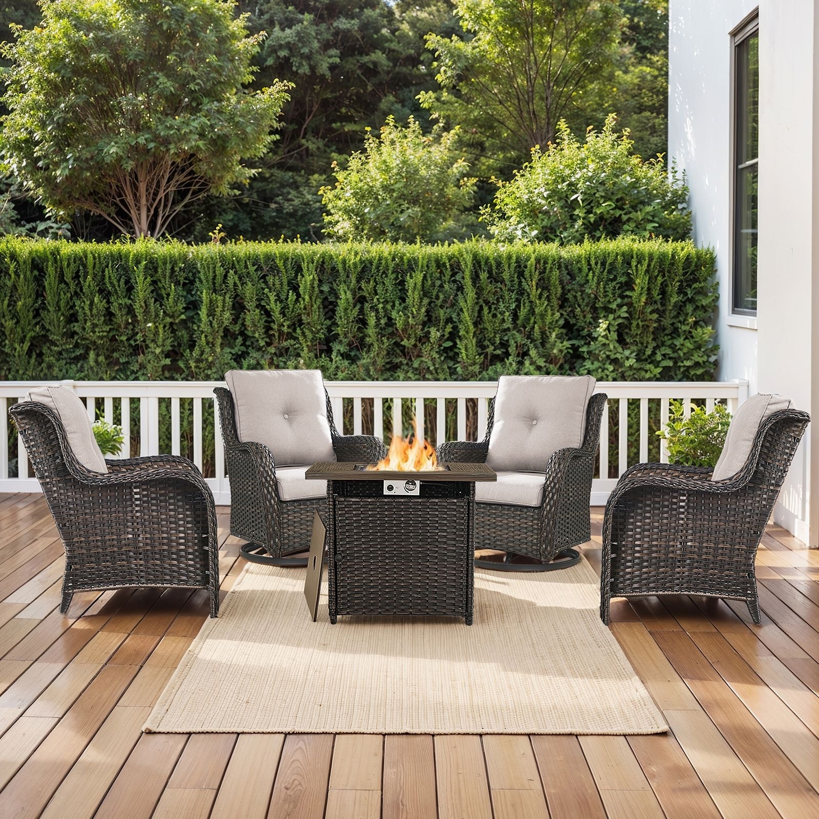 Fire Pit Table with 2 Swivel Chairs 2 Patio Chairs Brown-Beige - Brown