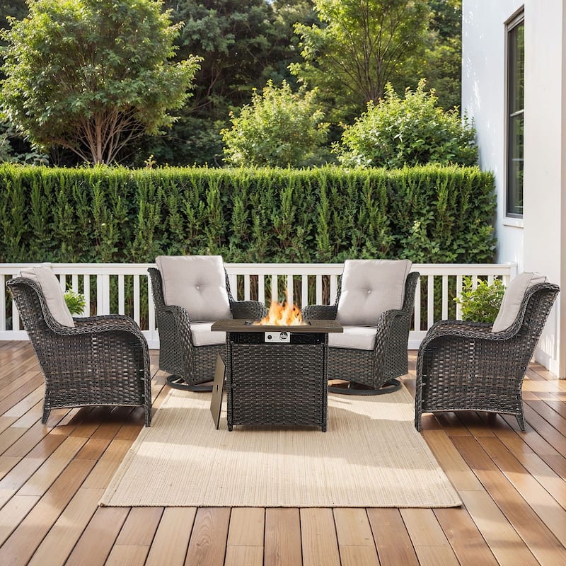 Gymojoy 5-Piece Outdoor Furniture Conversation Set, 2 Swivel Chairs, 2 Patio Chairs & 55K BTU Fire Pit Table - Brown Wicker / Beige Cusion - 5-Piece