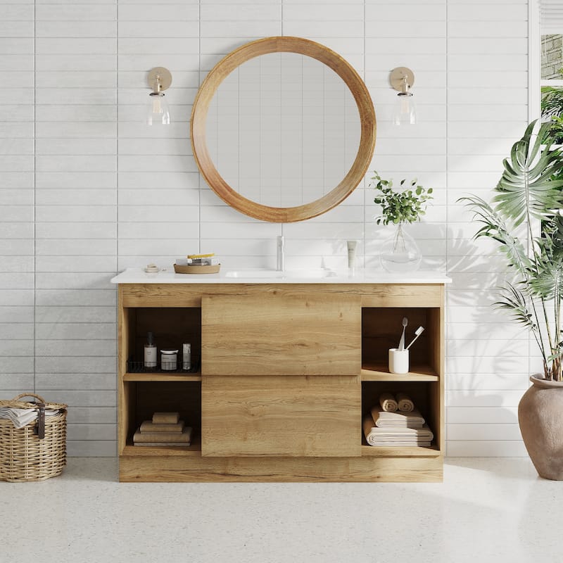 47"Mid Century Single Bathroom Vanities with Sink, White Vanities with 2 Drawers and 4 Shelves - Natural Wood