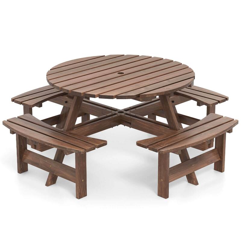 Costway 8-Person Round Picnic Table Set with 4 Built-in Benches 2" - See Details