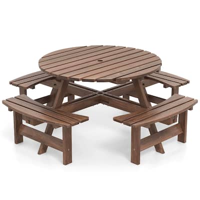 Costway 8-Person Round Picnic Table Set with 4 Built-in Benches 2" - See Details