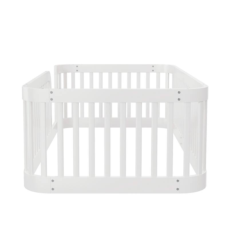Floor Bed Frame with Fence, Montessori Toddler Bed, No Slats, No Doors, Rounded Corners Wooden Bed