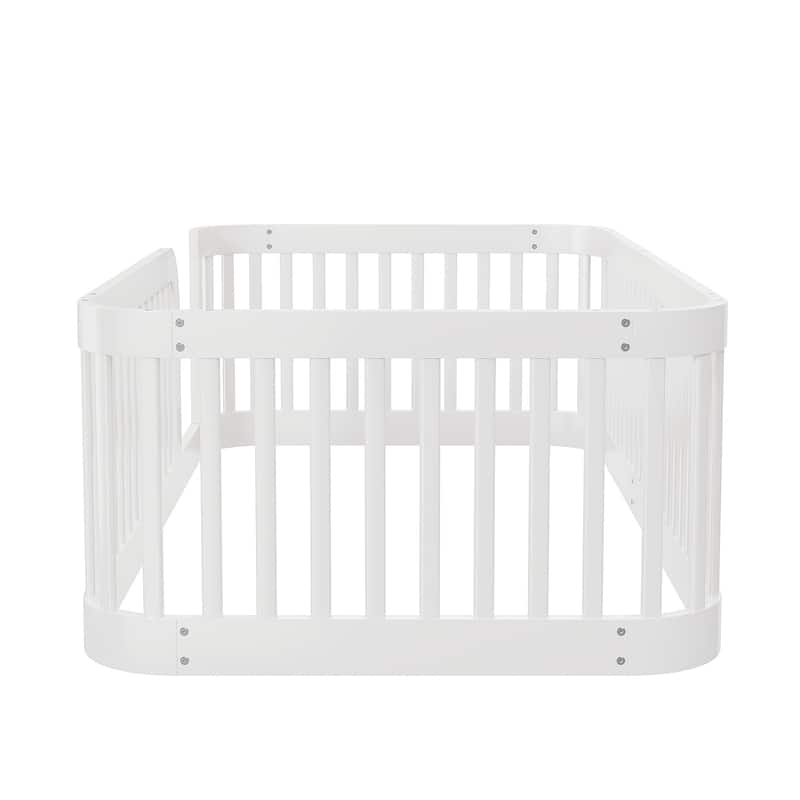 Toddler Floor Bed Wood Bed Frame with Without Slats and Rounded Corners Design, Kids Bed with Safety Fence for Boys Girls