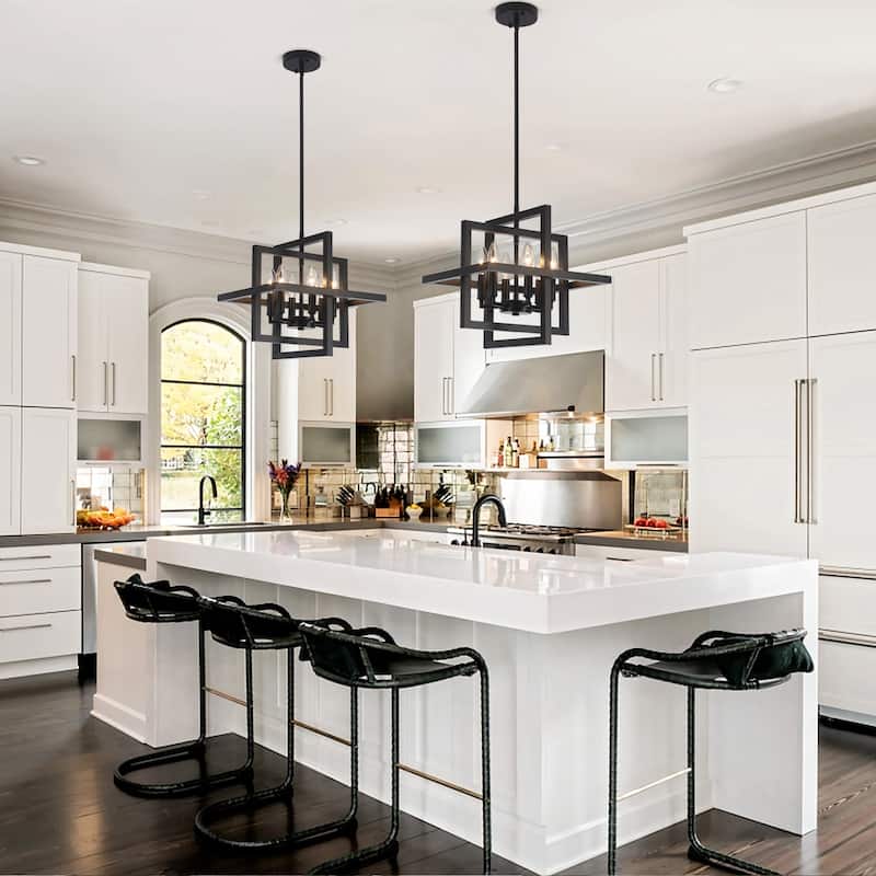 12.99" Wide 6-Light Semi Flush Mount Chandelier, Industrial Style Square Open Frame Pendant Light for Living Room