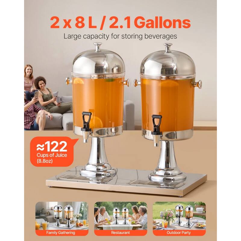 2.1 Gallon Stainless Steel Beverage Dispenser with No Drip Spigot and Ice Chamber for Events or Hotels