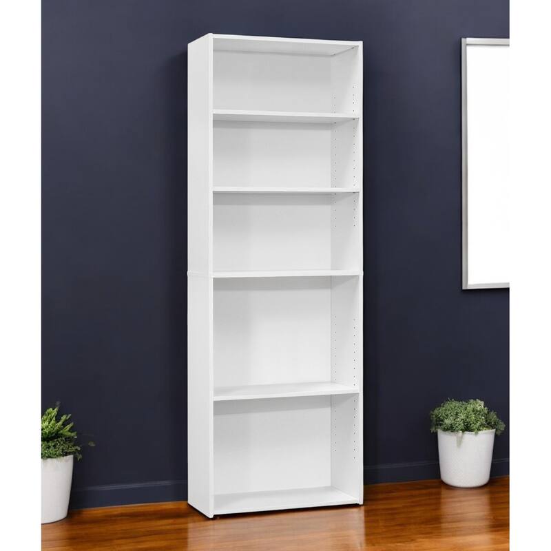 HomeRoots 71" White Wood Adjustable Five Tier Bookcase - 11.75