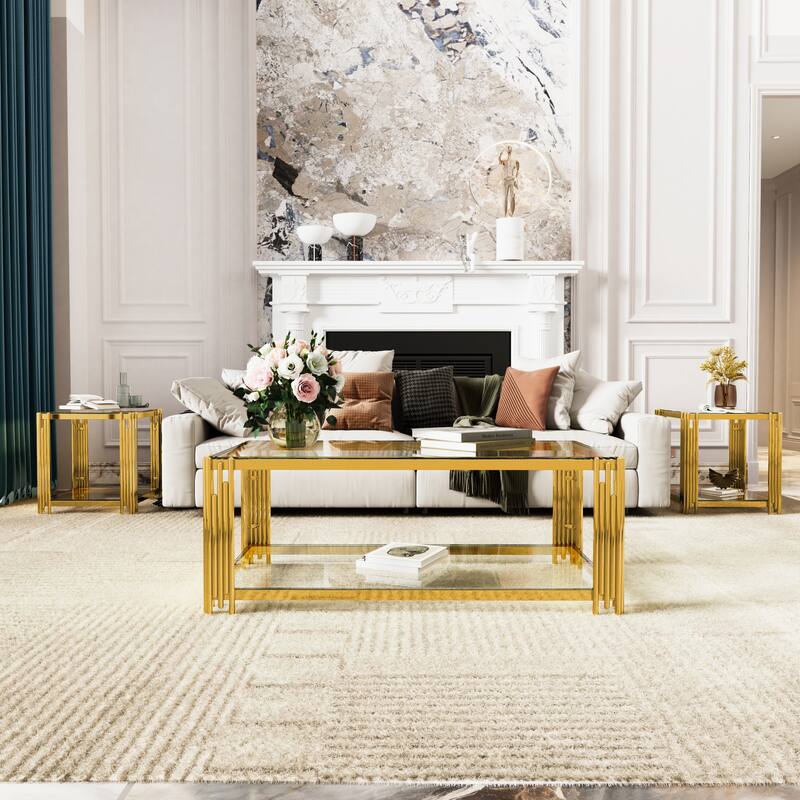 Glass Coffee Table Set of 3, Includes 1 Coffee Table & 2 End Tables, Luxury Living Room Table Set with Glass Top and Lower Shelf - Transparent - Rectangular&Square