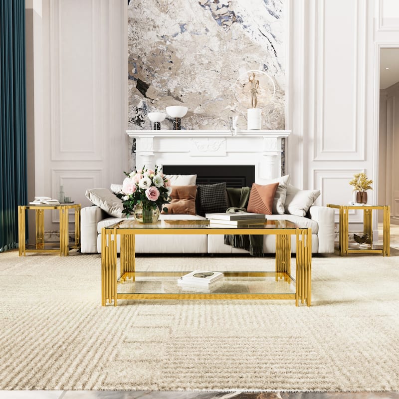 Living Room Table Set of 3 with 1 Coffee Table and 2 End Tables, Rectangle, Tempered Glass, Asymmetrical Metal - Transparent