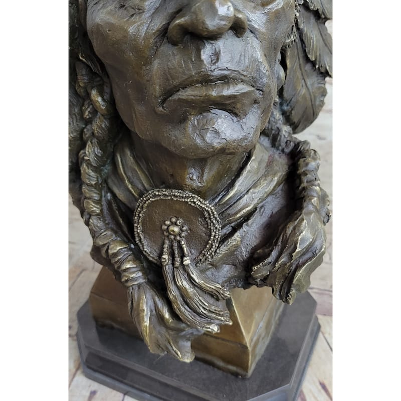 Carl Kauba Large American Warrior Bust Bronze Sculpture Marble Base Statue Decor